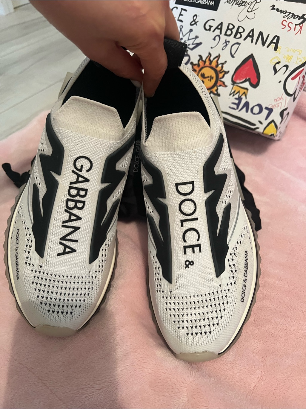 Dolce & Gabbana White And Black Logo Slip-On Knit Sneakers